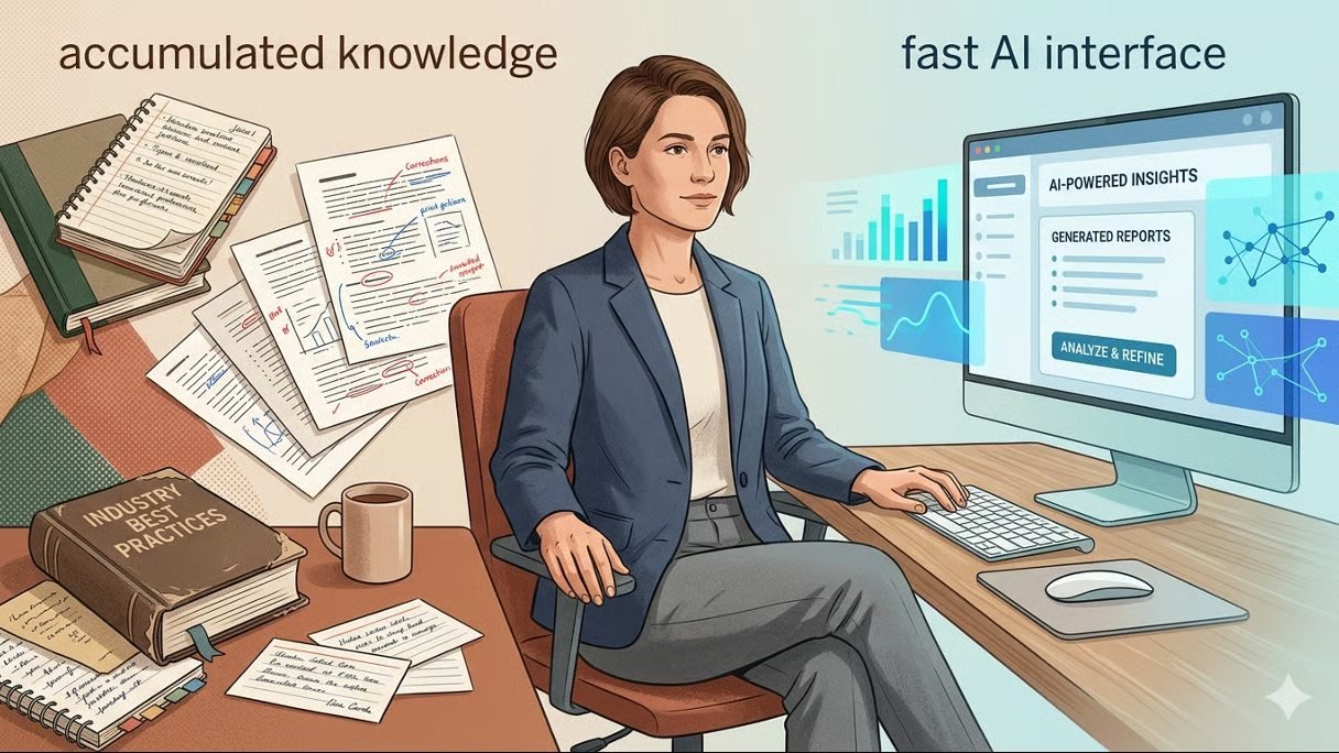 A contact centre professional between a desk of annotated notes and reference books labelled accumulated knowledge, and a screen labelled fast AI interface