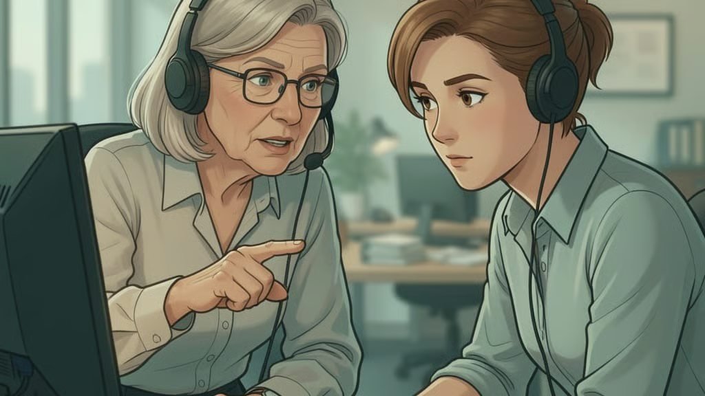 An experienced contact centre agent explaining an interaction to a newer colleague